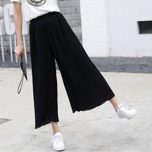 Female Summer Nine-pronged Wide-leg Pants Loose Leisure Pleated High Waist Korean Large Size Black Chiffon Thin Sweet Fresh
