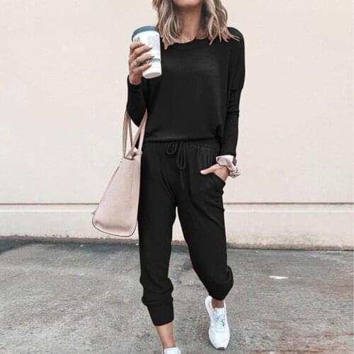Autumn winter two piece set women simple loose solid color stitching long-sleeved T-shirt lace Pants tracksuit women casual suit