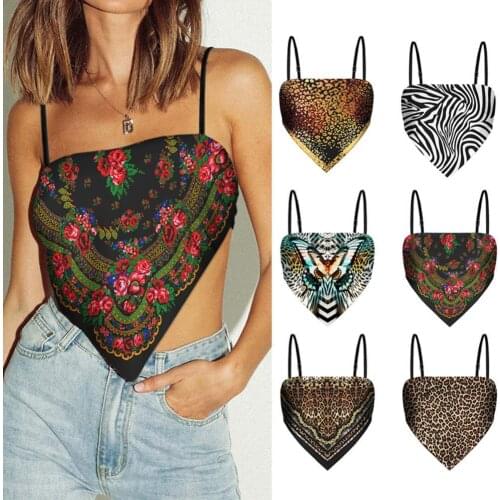 Women Sexy Summer Triangle Silk Scarf Crop Top Boho Leopard Print Backless Tie Back Camisole Spaghetti Strap Street Wear Night