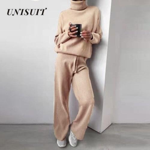 2021 Autumn Outfits Women Long Sleeve Solid Knitted Sweater Blouse Top And Casual Pants Set Fashion Loose Split Two Piece Suits