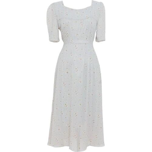 Sannian Women Square Neck Flower Dress 2021 Summer New Waist Light Blue Thin Bubble Sleeve Floral Dresses Ladies Clothes