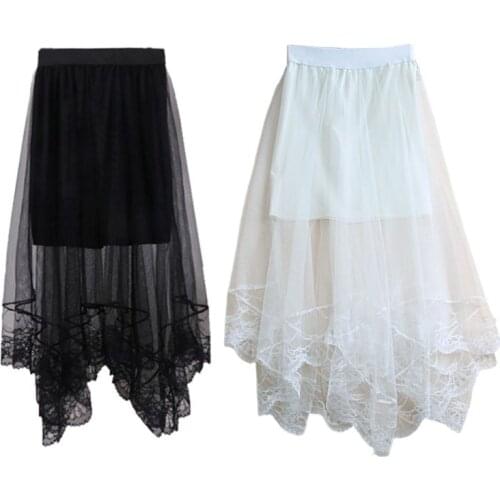 Women High Waist Scalloped Lace Trim Midi Long Skirt Lined Solid Color Irregular Hem Pleated Double Layer Sheer Mesh Party Dress