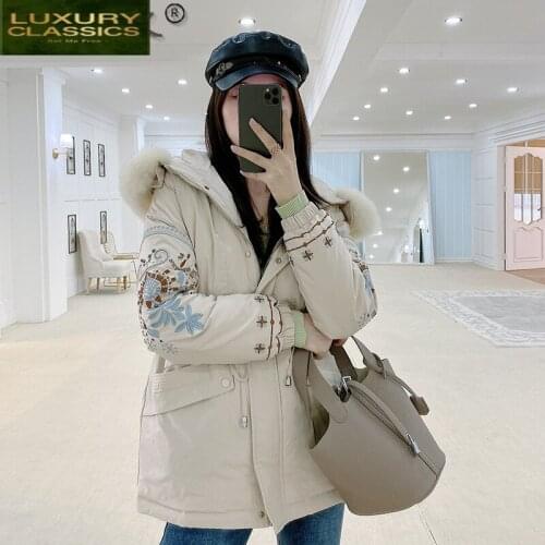 Winter High Quality Real Fox Fur Hooded Womens Down Jacket Woman Parkas 2021 Embroidery White Duck Down Coat Female 8112