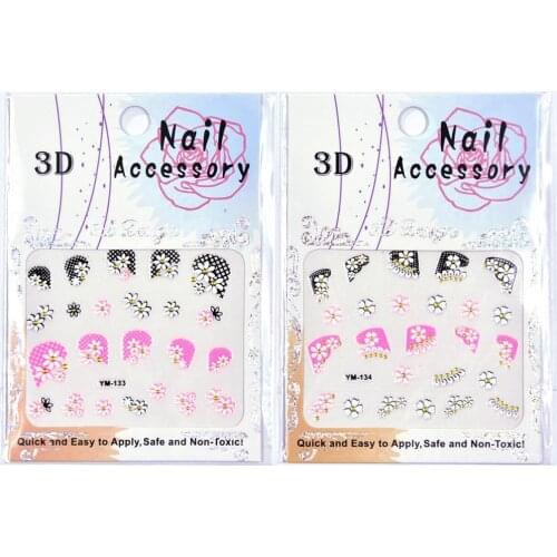 100PCS/Lot 3D Nail Art Sticker YM121-150 (30designs) Nail Art 3D Sticker Gold Glitter Decal White Flowers and Lace French Style