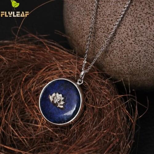Flyleaf 925 Sterling Silver Chinese Style Lapis Lazuli Lotus Flower Necklaces & Pendants For Women Lady Sterling-silver-jewelry
