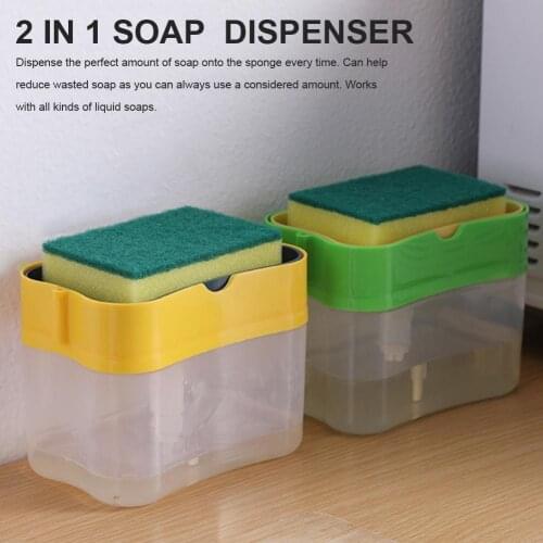 2-in-1 Soap Pump Dispenser With Sponge Holder Liquid Dispenser Container Hand Press Soap Organizer Kitchen Cleaner Tools