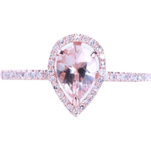 HELON Solid 10k Rose Gold Pear 7x5mm Natural Morganite Diamonds Engagement Wedding Ring for Women Trendy Fine Jewelry Best Gift