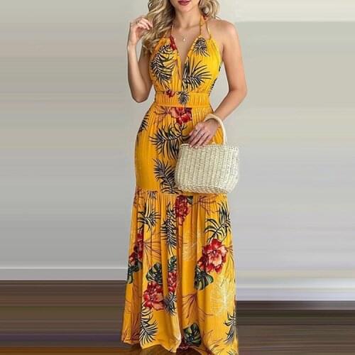 Hirigin Sexy Boho Beach Dress Women Summer Spring Tropical Print Halter Backless Maxi Dress Vacation Sleeveless Floral Dresses