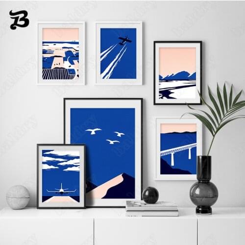 Canvas Painting Minimalist Comic Snow Mountain Aircraft Landscape Wall Art Posters and Print Wall Pictures for Living Room Decor