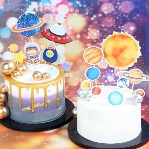 Astronaut Rocket Moon Happy Birthday Cake Topper Dessert Letter Decoration for Childrens Day Party Lovely Gifts