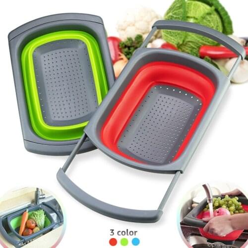 Kitchen Colander Fruit Vegetable Washing Basket Foldable Strainer Collapsible Drainer Over The Sink Adjustable Silicone Tools