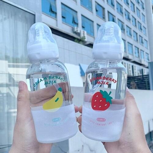 Cute Fruit Water Cups Transparent Glass Creative Fashion Personality Straw Pattern Female Student Couple Portable Cup