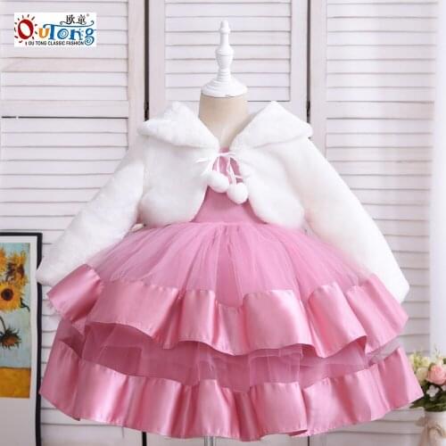 Outong Cute Baby Girls Dresses Shawl Suit Elegant White fur coat Bow Tutu Dress Birthday Holidays Party Flower Girls' Clothes