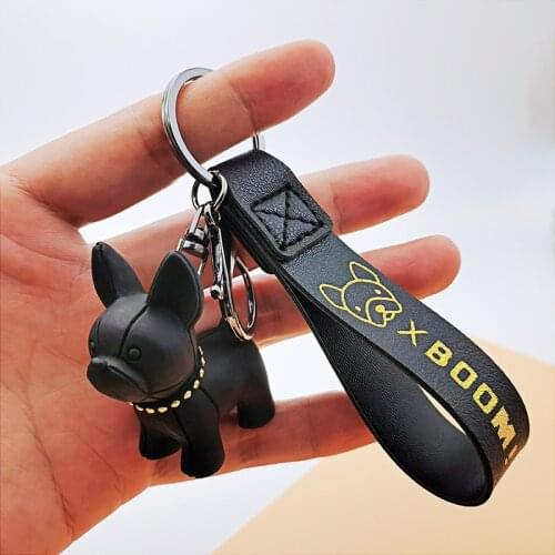 Fashion Punk French Bulldog Keychain PU Leather Dog Keychains for Women Bag Pendant Jewelry Trinket Mens Car Key Ring Key Chain