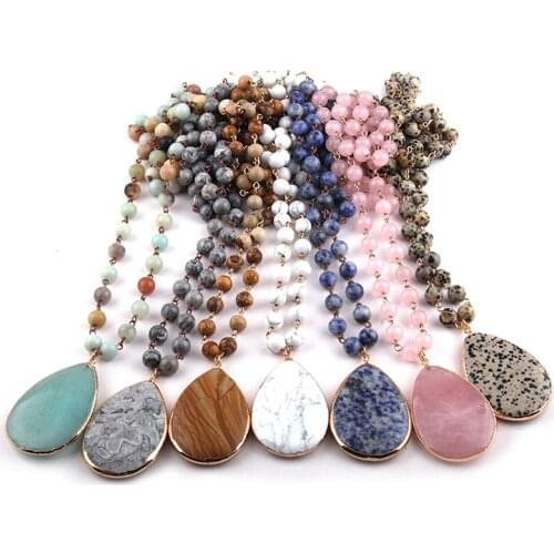 MOODPC Fashion Bohemian Tribal Jewelry Natural Stone Rosary Chain Matching Stone Drop Pendant Necklaces Women Ethnic Necklace