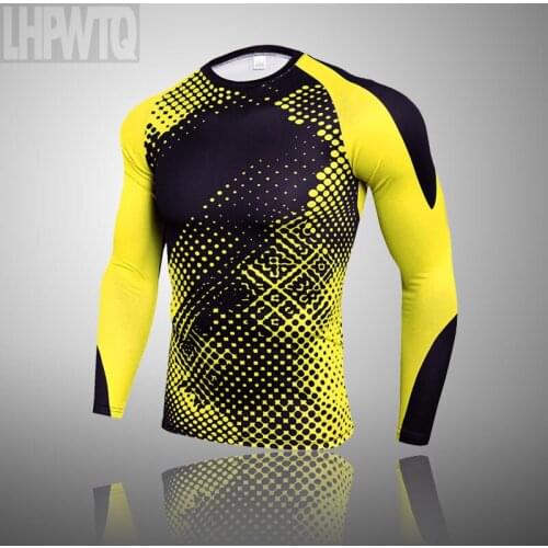 Running Compression T-shirt Men Long Sleeve Fitness Tights Print yellow Tops Tee Gyms Fitness Men T-shirt Rashguard Clothing