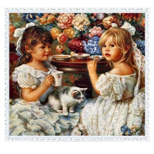 Needlework DIY Aida 14CT unprinted Cross stitch kits For Embroidery Girl and cat Counted Cross-Stitching embroidered crafts