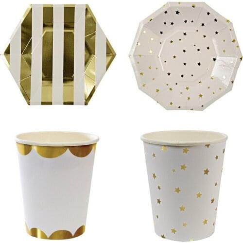 Gold Foil Paper plates cups Disposable Tableware Set Paper Plates Cups Napkins Party Wedding Carnival Tableware Supplies