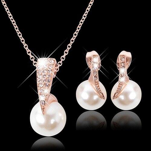 Cute Female Round Pearl Jewelry Set Charm Rose Gold Color Stud Earrings For Women Dainty White Zircon Wedding Chain Necklace