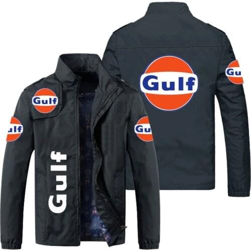 New Men Jacket Gulf Logo Print Zipper Cardigan Jackets Fashion Slim Casual Baseball Uniform Biker Jacket Coat Tops M-5XL