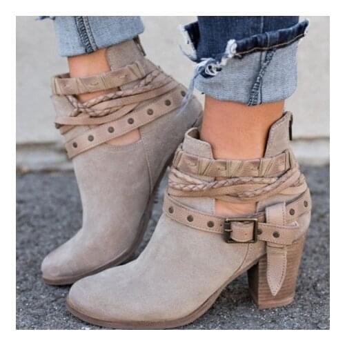 New Women Boots Spring Autumn High Heels Shoes Female Rivet Buckle Daily Shoes Short Boots PU Leather Ankle Boots