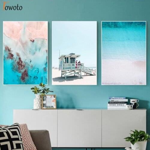 Sandy Beach Ocean Posters and Prints Nordic Seascape Canvas Painting Coastal Blue Wall Art Wall Pictures for Living Room Decor