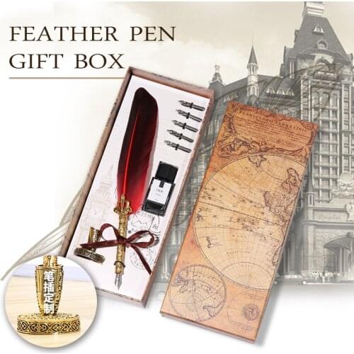 European Vintage Antique Feather Dip Pen Metal Nibbed Ink Writing Quill Pen for Wedding Feather Fountain Pen Set