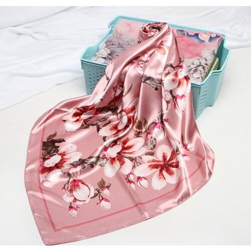 Floral Print Silk Satin Hijab Scarf For Women Square Shawls and Wraps Hair Scarfs Female 90*90cm Neckerchief Scarves For Ladies