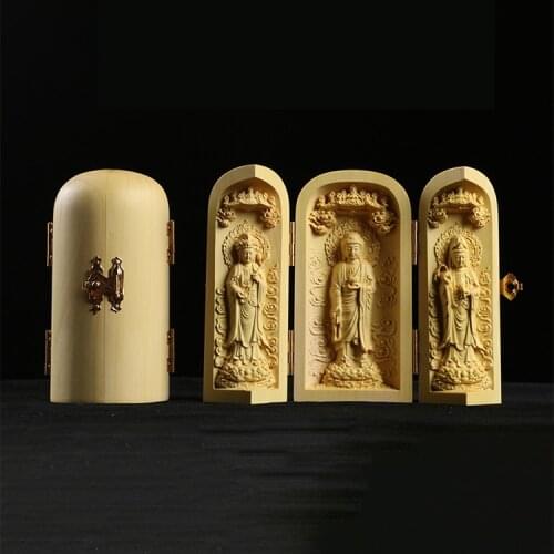 Boxwood Carving Buddha Statue Three Western Sages Guanyin Wood Buddha Shrine Fu Lu Shou Sculpture Three Open Box Home Decor