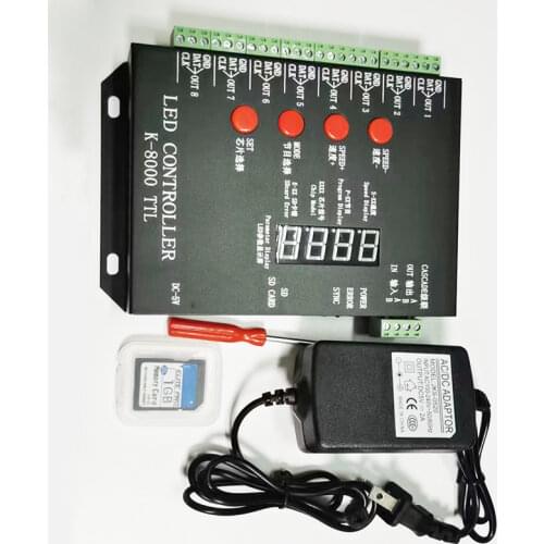 T8000A rgb LED Program Controller For ws2812b/WS2811/WS2813/ TM1804/LPD6803 /DMX512 Strip+Power adapter RGB 8192 Pixel Controler