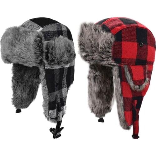 Men Women Winter Warm Trapper Trooper Hat Lattice Plaid Print Thermal Plush Lined Bomber Ushanka Earflap Cap with Chin Strap