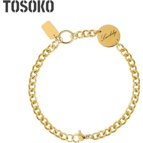 TOSOKO Stainless Steel Jewelry Lucky Letter Good Luck Long Brand Bracelet Hip Hop Cool Cable Link Chain For Women BSE151