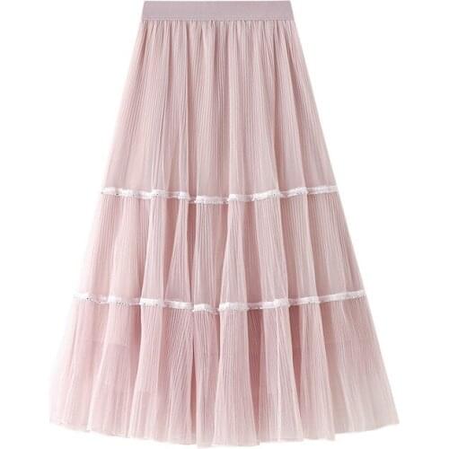 2021 Summer Fashion Women Skirt Beading Mesh Long Skirts Female Fairy Ankle Length Pinfold Elastic Waist Sun Pink Pure Falda