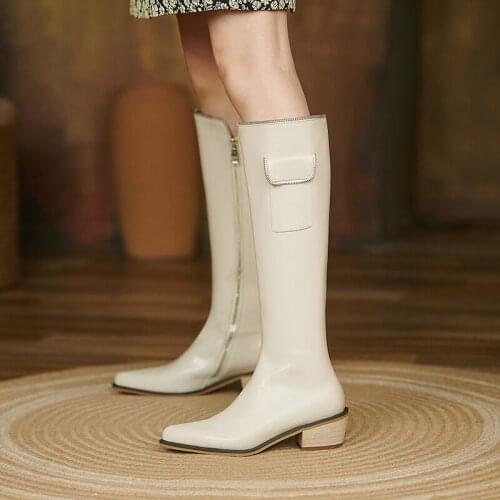 2021 New Luxury Brands Genuine Leather Handsome Long Boot Thick Mid Heel Sexy Pointed Toe Women Zipper Riding Knee-High Boots