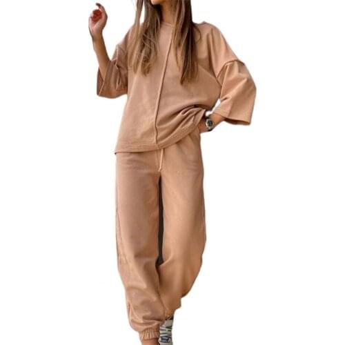 Women Sport Outfits 2021 Women Tracksuit Solid Color Ankle Tied Sport Suit Three-quarter Sleeves Drawstring Sweat Suit for Home