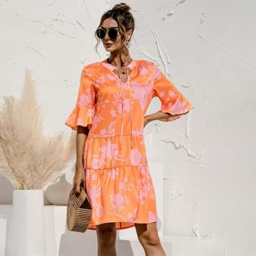 Summer Dress For Women 2021 New Flare Sleeve V Neck Printed A-line Mini Dresses Casual Loose High Waist Streetwear Dress Vestido