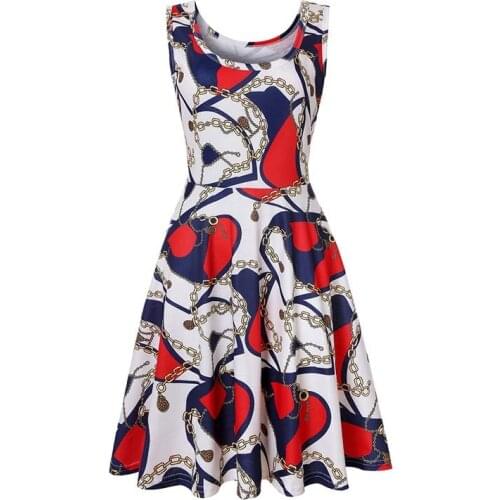 Summer New Fashion Ladies Knee Length Sleeveless Red Heart Chain Printed Casual Big Hem A-line Shirt Dress
