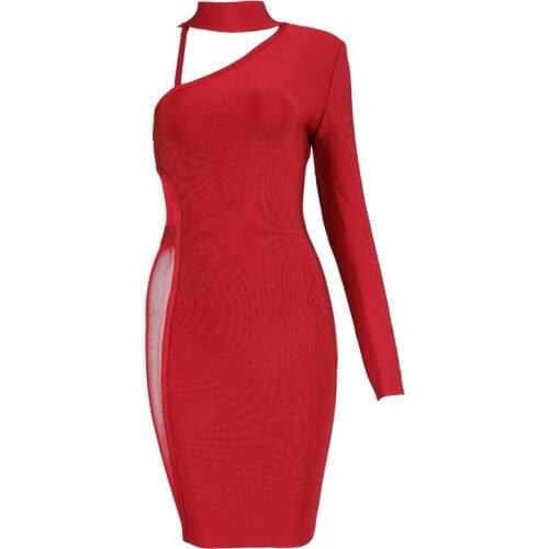 Top Quality Fashion Sexy Women Wine Red One Long Sleeve Rayon Strecth Bandage Dress Evening Party Dress