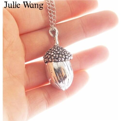 Julie Wang 1PCS Alloy Vintage Big Acorn Long Chain Necklace Antique Silver Color Pendants Women Men Fashion Jewelry Choker