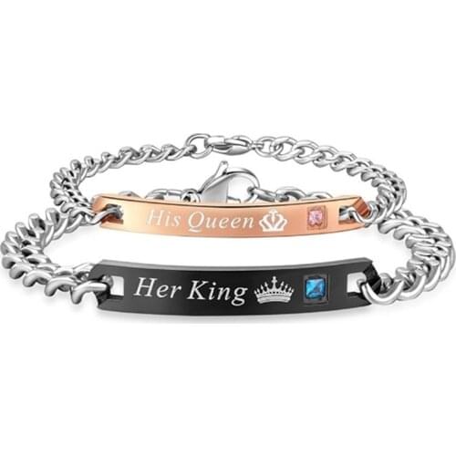 1pcs Jewelry Her King His Queen Lovers Bracelet Stainless Steel Crystal Crown Charm Bracelets Women Men Gifts Couples Link Chain