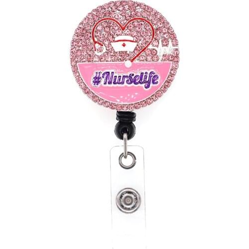 10pcs/lot Pink Rhinestone Nurse Life Enamel Badge Holder Medical Stethoscope Nurse Hat For Gifts Retractable Badge Reels