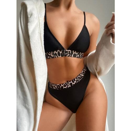2021 Fashion Foreign Single Swimsuit European and American Sexy Ladies High Waist Swimwear Solid Color Leopard Split New Bikini