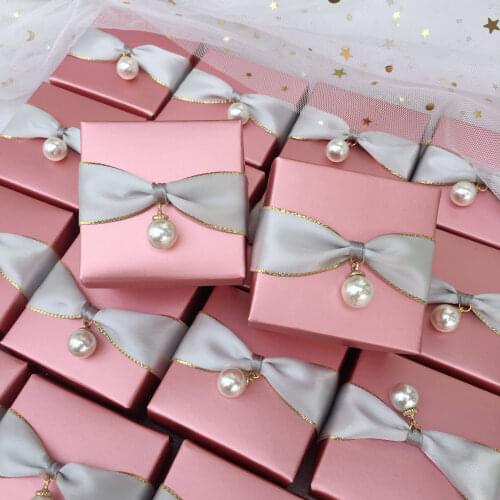 30pcs Lot Pearl Ribbon 6 Colors Paper Favor Gifts Packaging Chcocolate Candy Boxes for Wedding Baby Shower Party Guests
