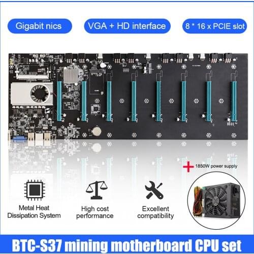 BTC-S37 Mining Machine Motherboard CPU Set 8 PCIE 16X Graphics Card SODIMM DDR3 SATA3.0 VGA+HDMI-Compatible + 1850W Power Supply