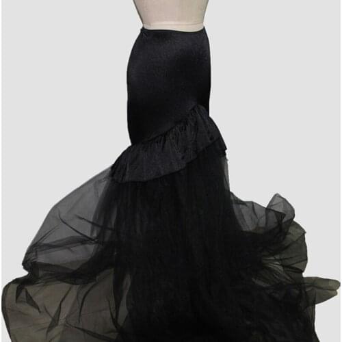 Black Satin Ruffles & Tulle Floor Length Mermaid Vintage Victorian Skirt Women Long Gothic Skirts Plus Size Steampunk Clothing