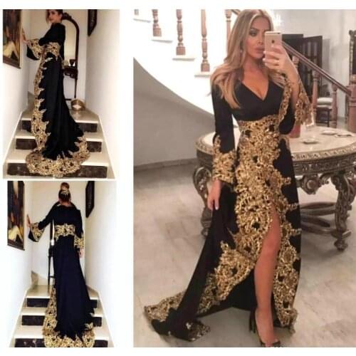 Black V Neck Long Sleeves Evening Dresses 2019 Gold Appliques Lace Holiday Wear Party Gowns Plus Size Formal Dress Women Elegant