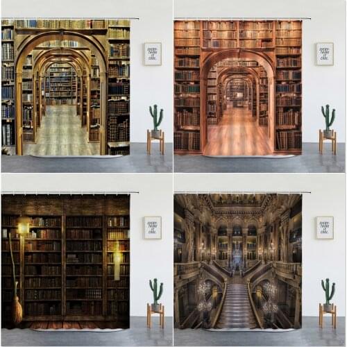 Library Bookshelf Bookstore Print Shower Curtains Set Wall Hanging Background Tapestry Bathroom Decor Retro Style Bathtub Screen