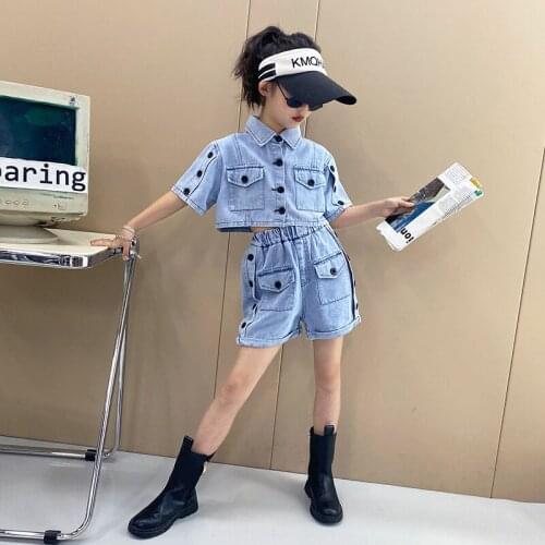 Cool Girls Jean Suit 2021 Summer Girls Hip-Pop Clothes Denim Top+Shorts 2pcs Streetwear Outfits for Girls 7 8 9 10 12 13 14Years