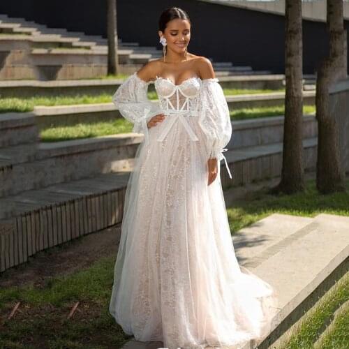 Gelinlik Lace Wedding Dresses New Arrival Detachable Puff Sleeve Bride Dress 2021 Bow Corset Back Sexy Beach Wedding Gowns