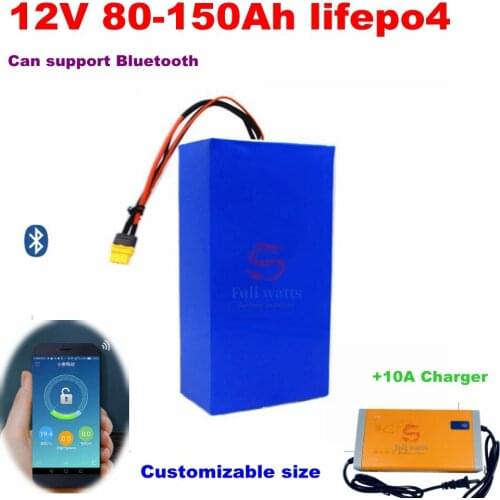 Lifepo4 12.8v 100AH lithium battery bluetooth BMS APP 12V 100Ah 120Ah 80Ah for 1200W caravan boat Solar energy + 10A charger